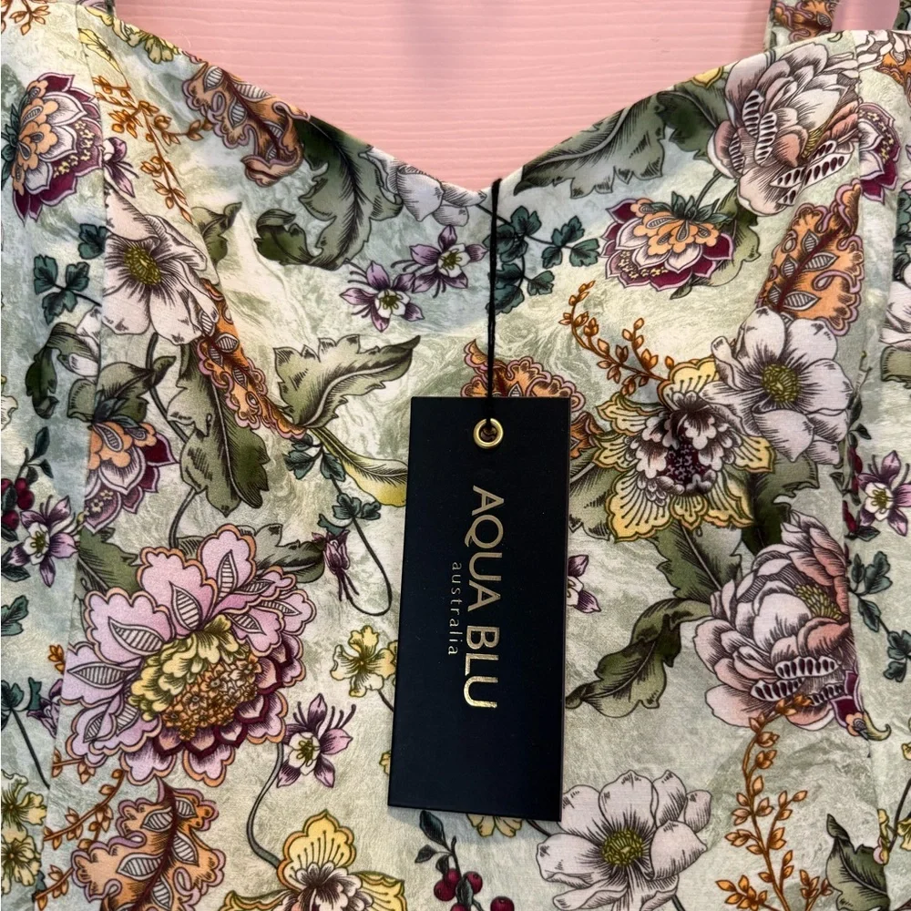 💗Aqua Blu Floral Silk Blend Lotus Drop Waist Maxi Dress Sundress Small - Picture 11 of 14